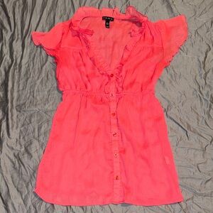 Sheer Vibrant Coral Ruffled Blouse